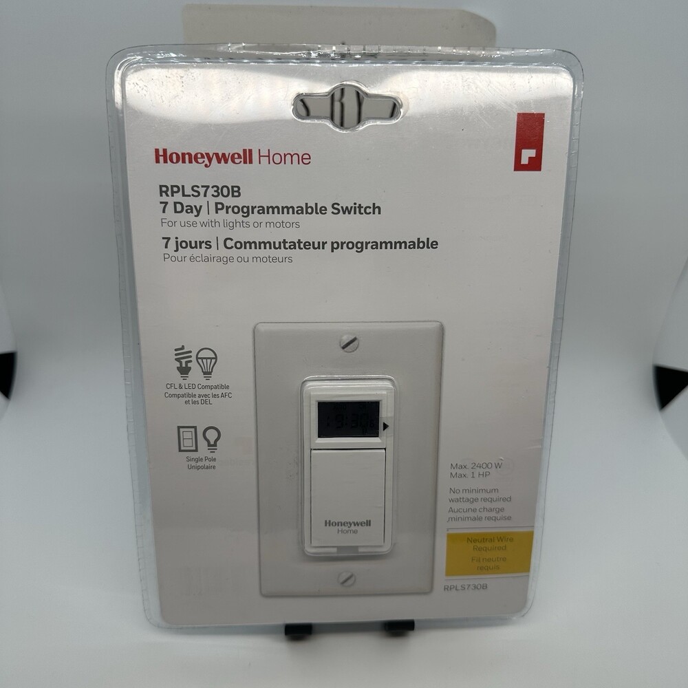 Honeywell Home RPLS730B 7-Day Programmable Light Switch Timer White Neutral Wire